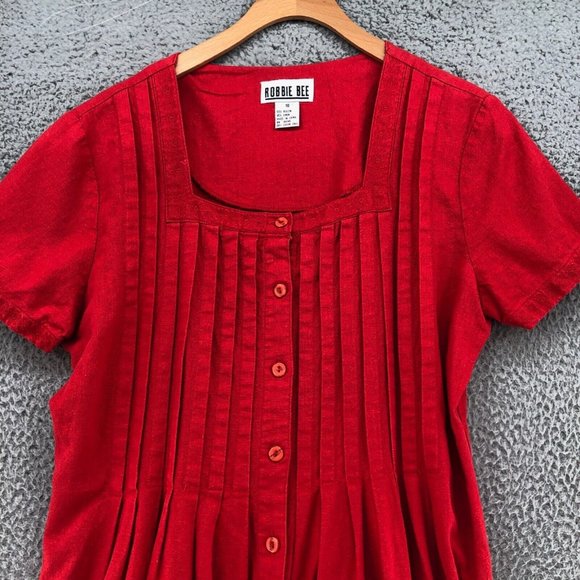 Vintage Robbie Bee Dress Womens 10 Red Linen Kaftan Midi Shirt Dress Button Up - Picture 2 of 10